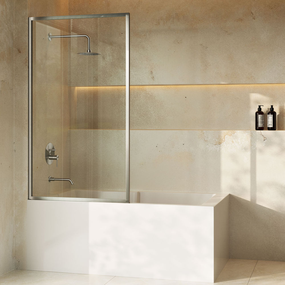 Pierre 34 x 58 Framed Fixed 3/8 in. (10mm) Clear Tempered Glass Tub Door with Nickel Brushed Frame