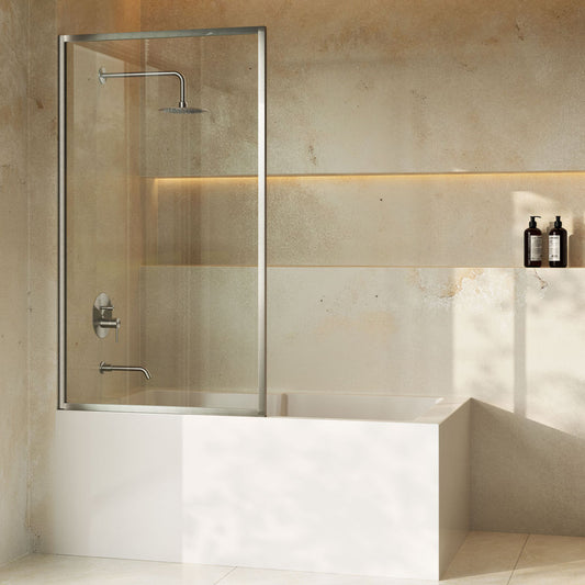 Pierre 34 x 58 Framed Fixed 3/8 in. (10mm) Clear Tempered Glass Tub Door with Nickel Brushed Frame