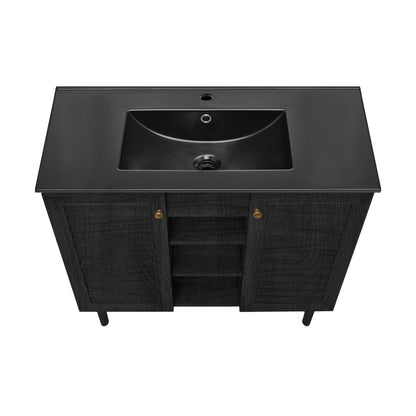 Bron 36" Freestanding Bathroom Vanity in Black Oak with Black Sink Top