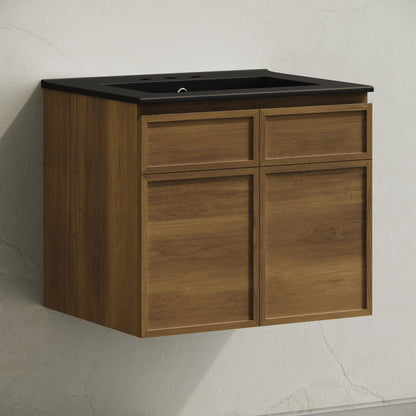 St. Tropez 24" Wall-Mounted Bathroom Vanity in Brown Oak with Black 3-Hole Widespread Sink Top
