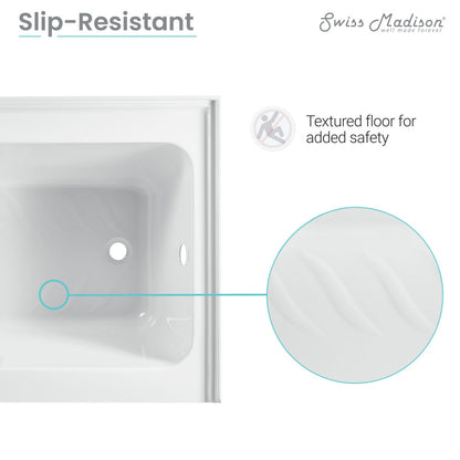 Apron front acrylic bathtub 60x32 inch, integral right-hand drain, glossy white, textured slip-resistant floor.