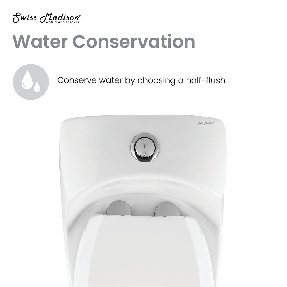 Elongated one-piece toilet with dual-flush button on top, white ceramic finish.