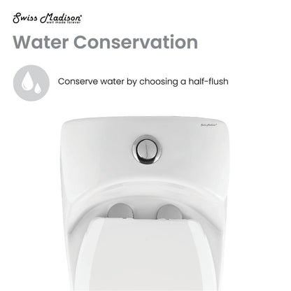 Elongated one-piece toilet with dual-flush button on top, white ceramic finish.