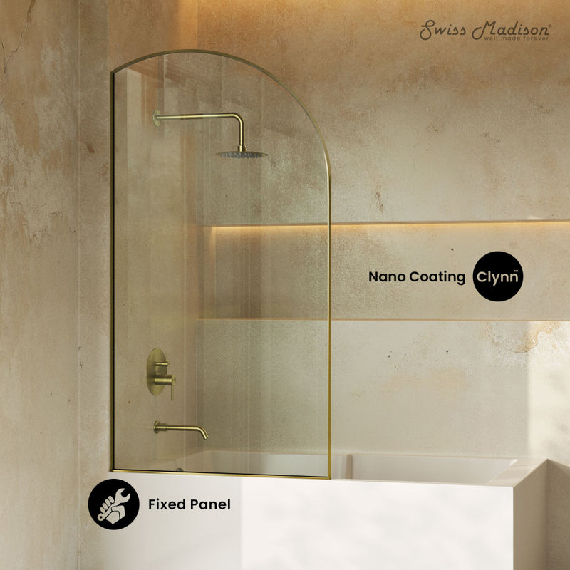 Demi 34 x 58 Framed Fixed 3/8 in. (10mm) Clear Tempered Glass Tub Door with Gold Brushed Frame