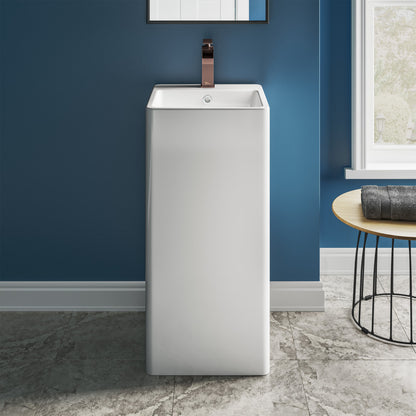 White one-piece pedestal sink with square basin and single faucet hole, freestanding bathroom fixture.