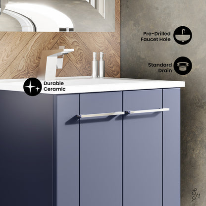 24-inch freestanding purple bathroom vanity with single sink and soft-close doors.