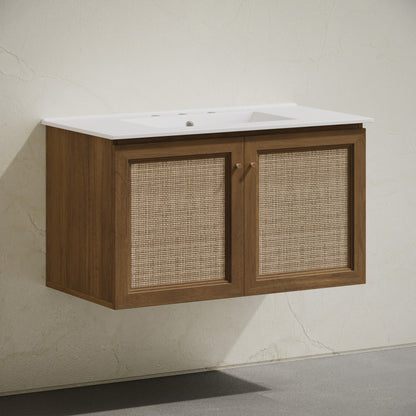 Classe 36" Wall-Mounted Bathroom Vanity in Brown Oak with Widespread Faucet Holes Vanity Top