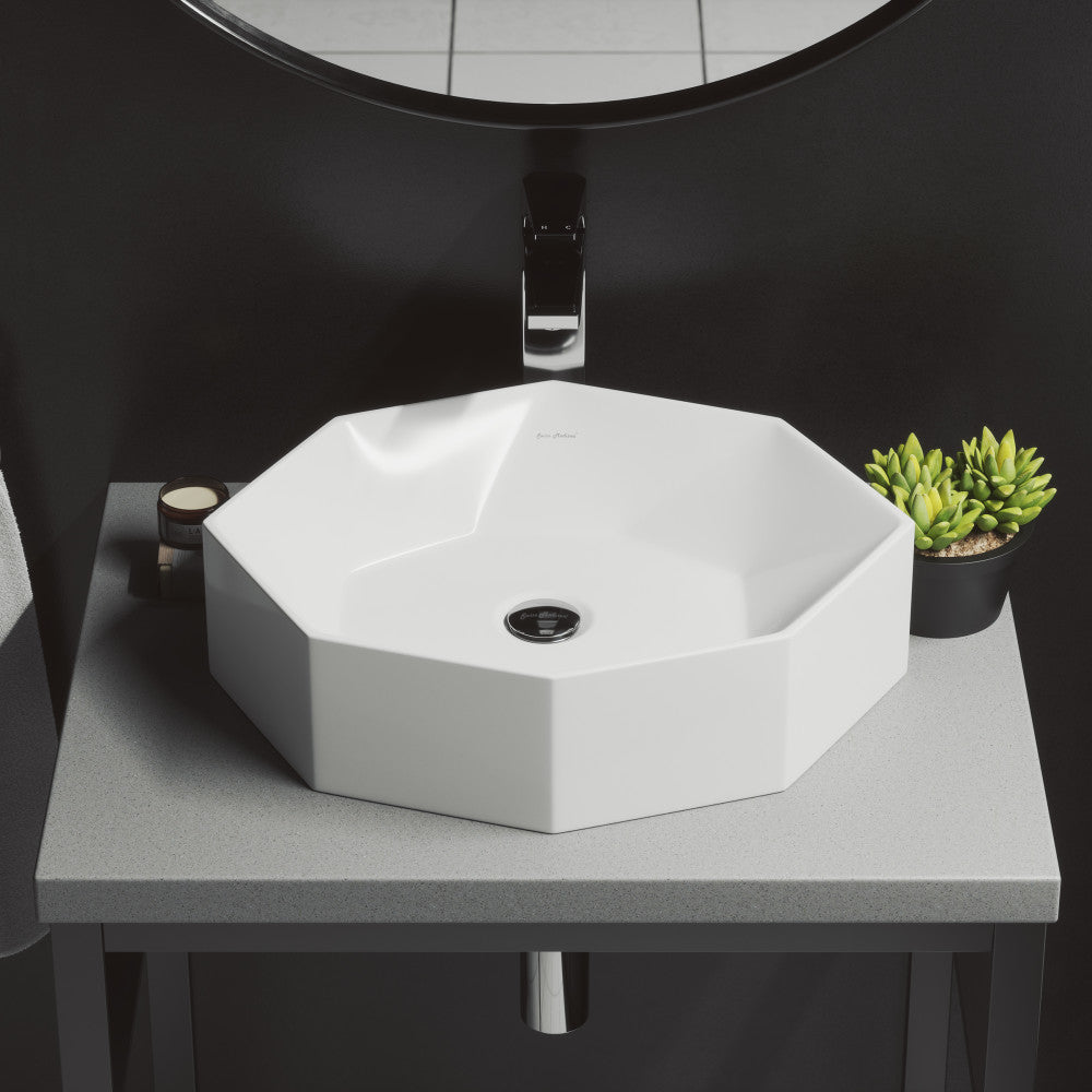 Glossy white ceramic octagonal vessel sink, 19.25 inches, countertop installation.