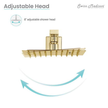 8" wall-mounted fixed shower head in brushed gold with single-handle valve, adjustable head angle.