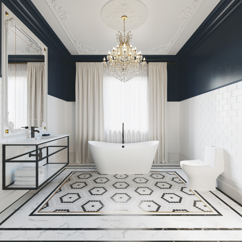 Freestanding soaking bathtub 67 inch, center drain, white with modern black faucet.