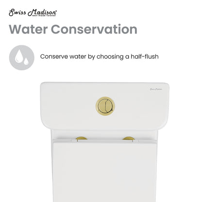 Elongated one-piece toilet with dual flush and brushed gold hardware in white ceramic.