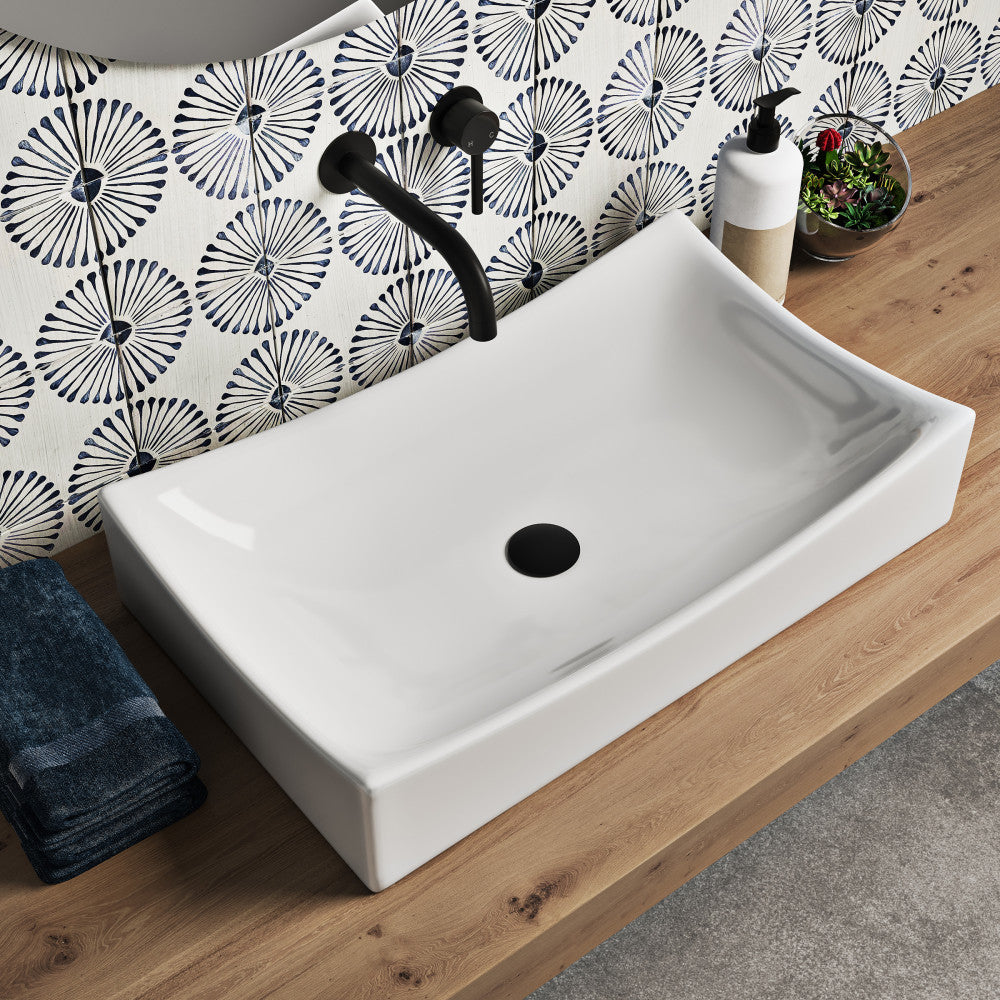 25.5” white rectangular vessel bathroom sink with smooth curved edges and center drain hole.