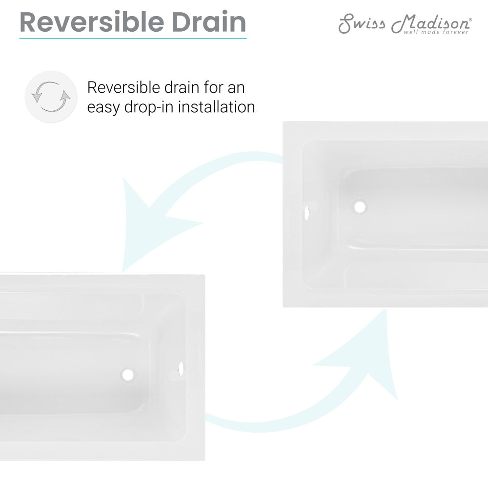 Drop-in bathtub 54 x 30 inch, reversible drain, white acrylic, rectangular design.