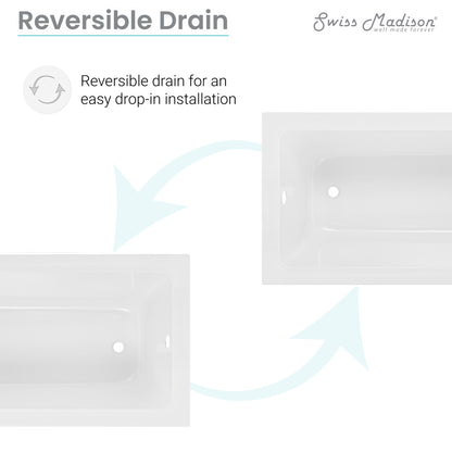 Drop-in bathtub 54 x 30 inch, reversible drain, white acrylic, rectangular design.