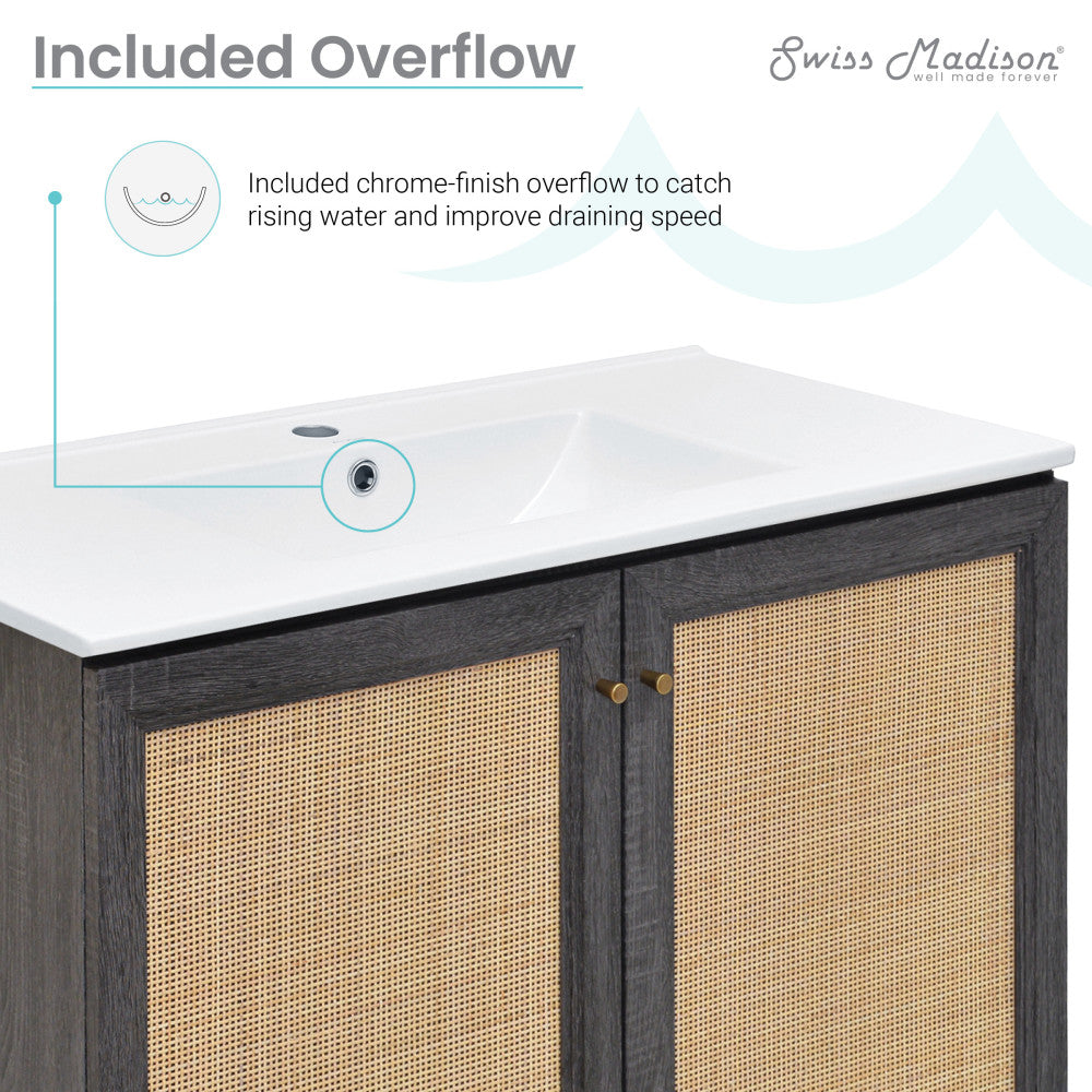 36-inch freestanding bathroom vanity in black oak with soft-close doors and white sink top.