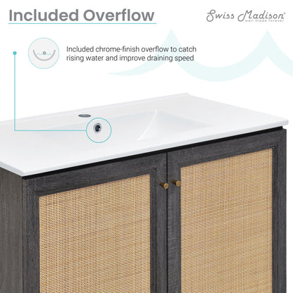 36-inch freestanding bathroom vanity in black oak with soft-close doors and white sink top.
