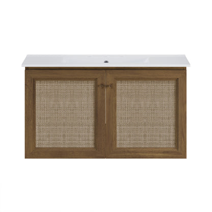 Classe 36" Wall-Mounted Bathroom Vanity in Brown Oak with Widespread Faucet Holes Vanity Top
