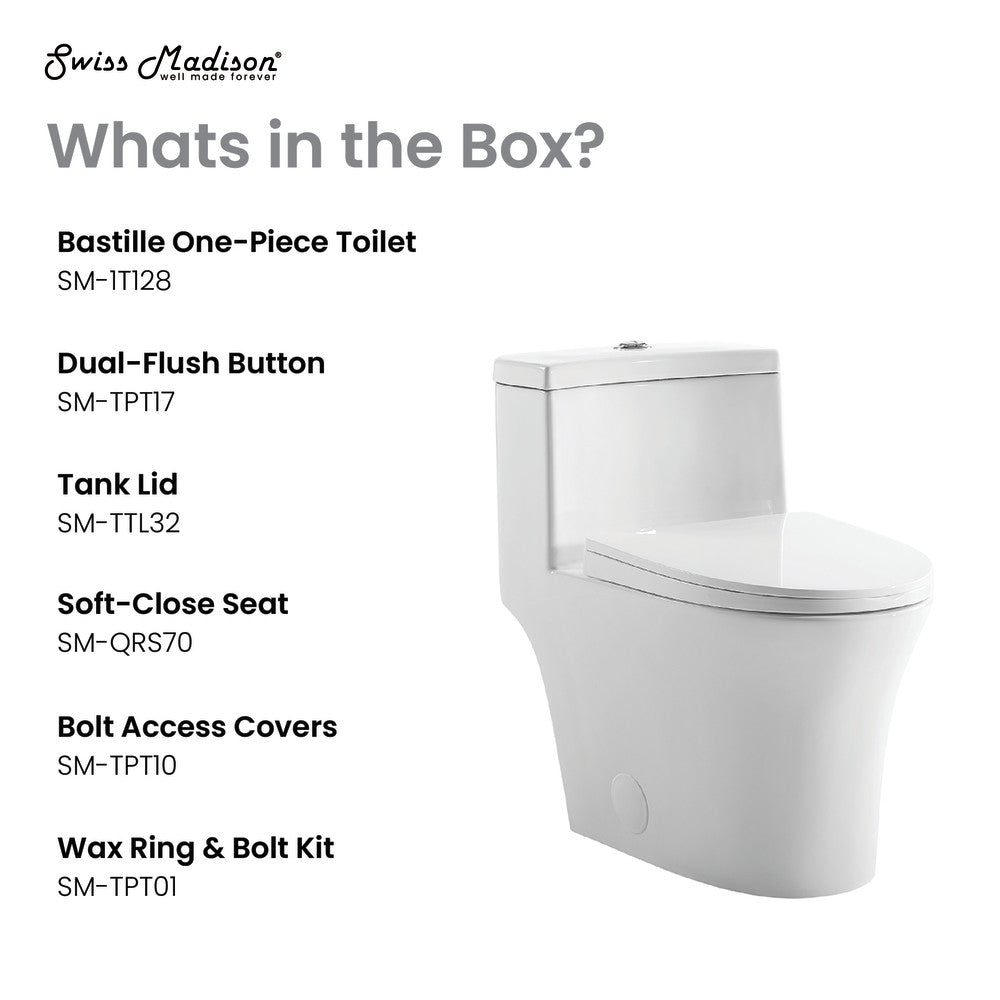 Elongated one-piece toilet with dual-flush buttons, soft-close seat, and skirted trapway in white porcelain.