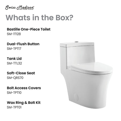 Elongated one-piece toilet with dual-flush buttons, soft-close seat, and skirted trapway in white porcelain.