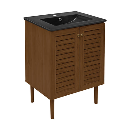 Bron 24" Freestanding Bathroom Vanity in Brown Oak with Black Sink Top