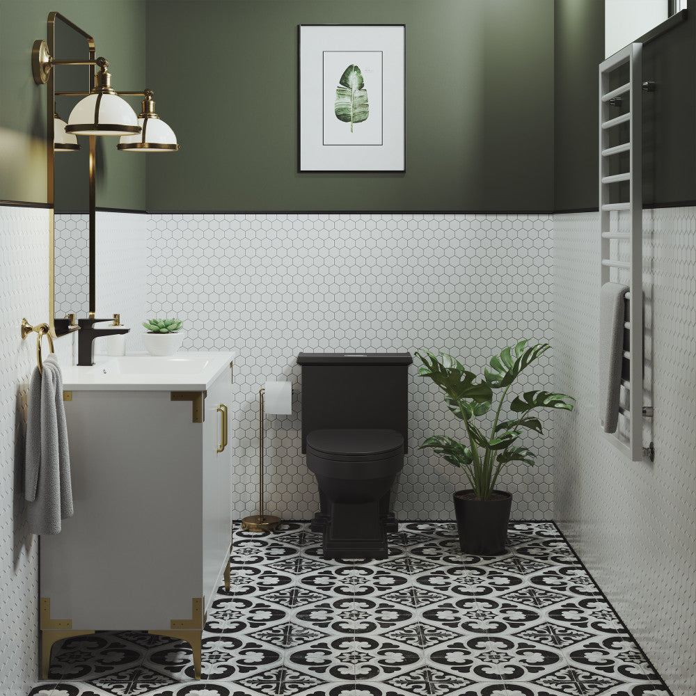 Elongated one-piece toilet in matte black with dual-flush, modern bathroom setting.