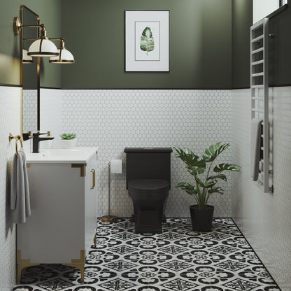 Elongated one-piece toilet in matte black with dual-flush, modern bathroom setting.