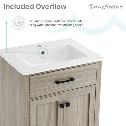 24-inch freestanding bathroom vanity in weathered oak with single sink and black handles.