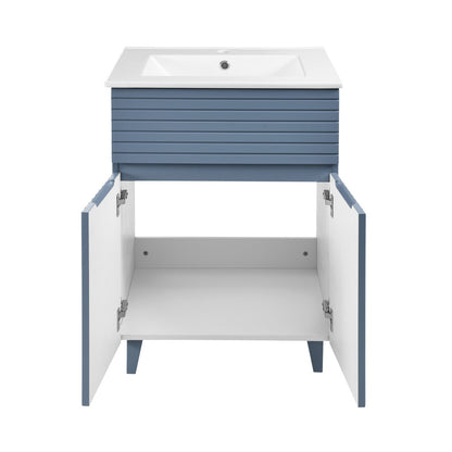 24-inch freestanding bathroom vanity in blue heather with single sink and soft-close doors.