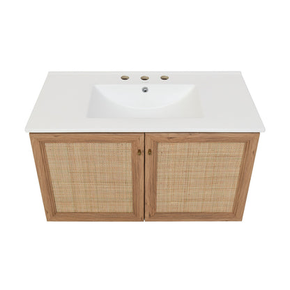 Classe 36 in. Brown Oak Wall Hung Bathroom Vanity With White, 3-Hole Ceramic Sink Top
