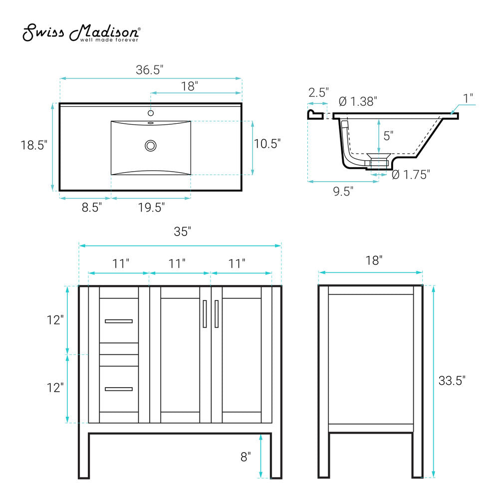 Forme 36" Modular Freestanding Bathroom Vanity with Sink Top in Natural Oak