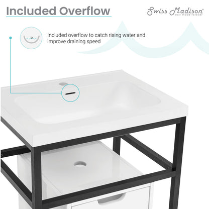 24-inch freestanding bathroom vanity with single white sink top and black open frame base.
