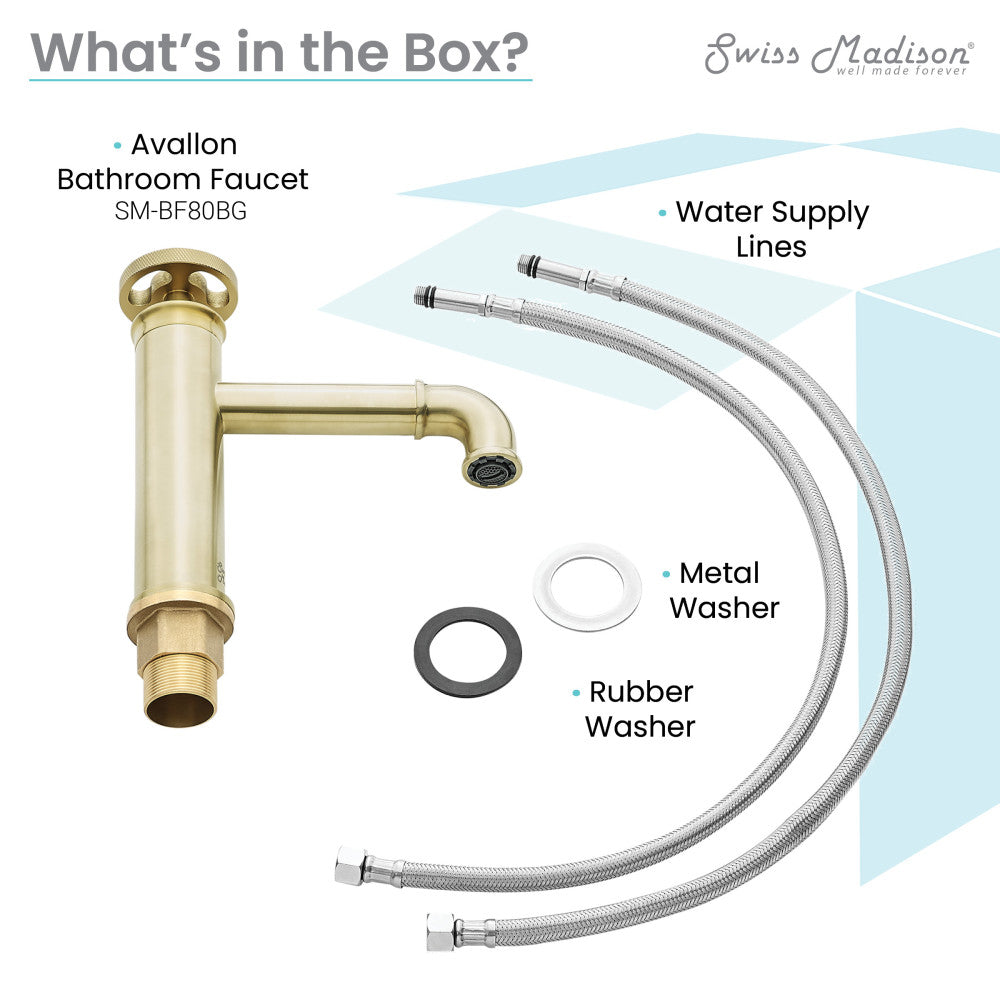 Single-handle bathroom faucet in brushed gold with wheel handle and curved spout.