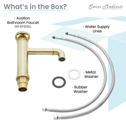 Single-handle bathroom faucet in brushed gold with wheel handle and curved spout.