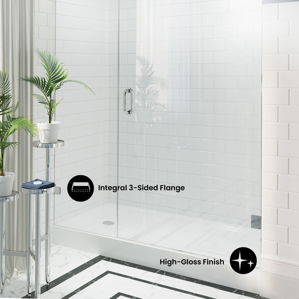 Voltaire 60" x 34" Acrylic White, Single-Threshold, Left Side Drain, Shower Base