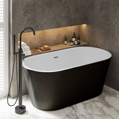 60-inch freestanding soaking bathtub in matte black with white interior and center drain.