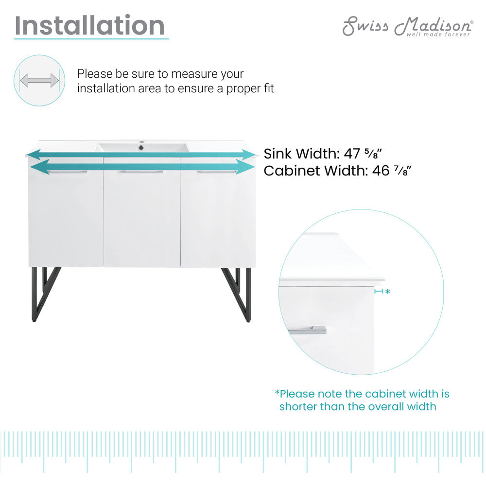48-inch freestanding white bathroom vanity with single sink and metal legs.