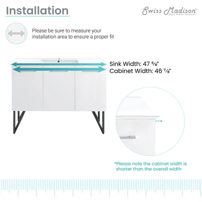 48-inch freestanding white bathroom vanity with single sink and metal legs.
