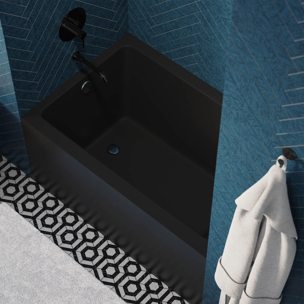 Alcove skirted bathtub 48x32 inch with left-hand drain, apron front, matte black finish.