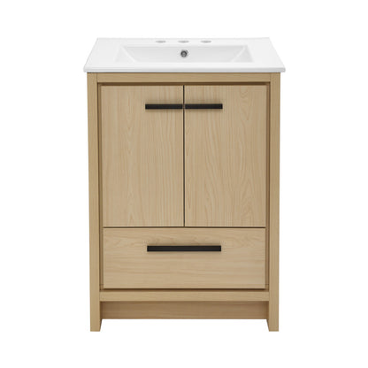 Virage 24 in. Brown Oak Bathroom Vanity With White, 3-Hole Ceramic Sink Top