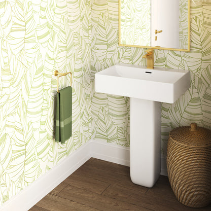 Two-piece square pedestal bathroom sink in white with single faucet hole and rectangular basin.