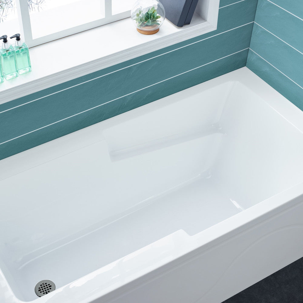 Alcove skirted bathtub 60-inch with left-hand drain and apron front, white acrylic finish.