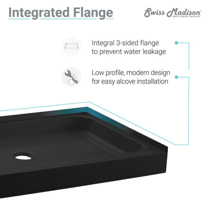 Square black acrylic shower base 36x36 inch with integral flange and center drain.