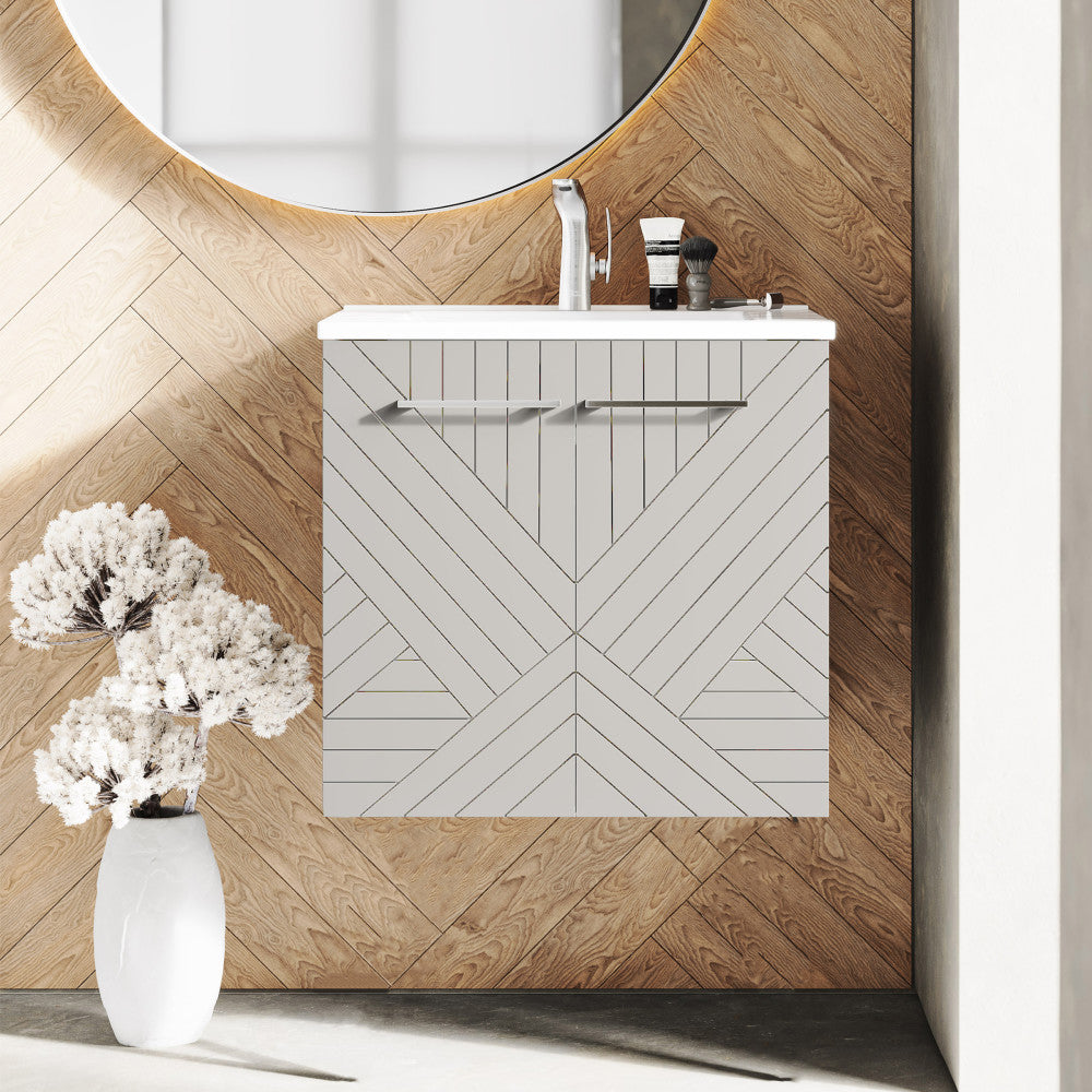 24-inch freestanding greige bathroom vanity with single sink and soft-close doors.