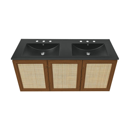 Classe 48" Wall-Mounted Bathroom Vanity in Brown Oak with Black 3-Hole Widespread Double Basin Sink Top