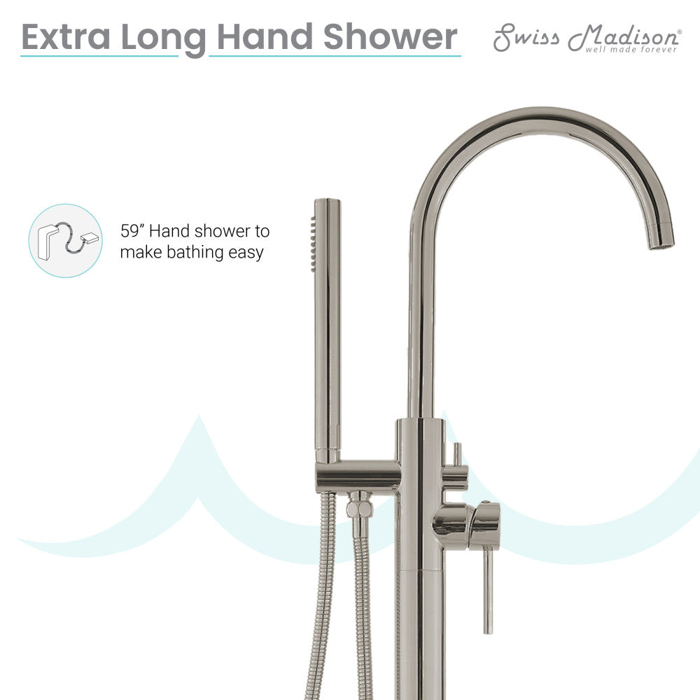 Freestanding bathtub faucet in brushed nickel, single handle with tall curved spout and handheld shower.