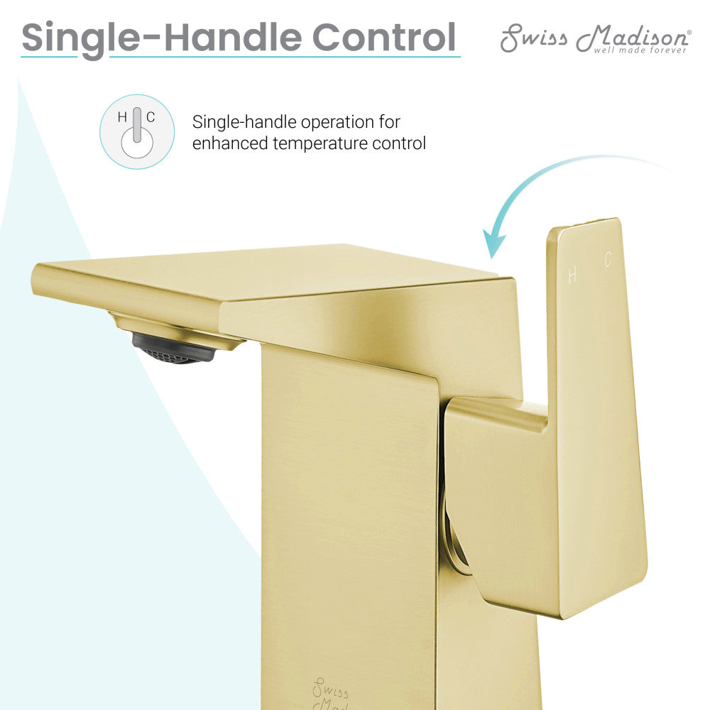 Single-handle bathroom faucet in brushed gold, square modern design.