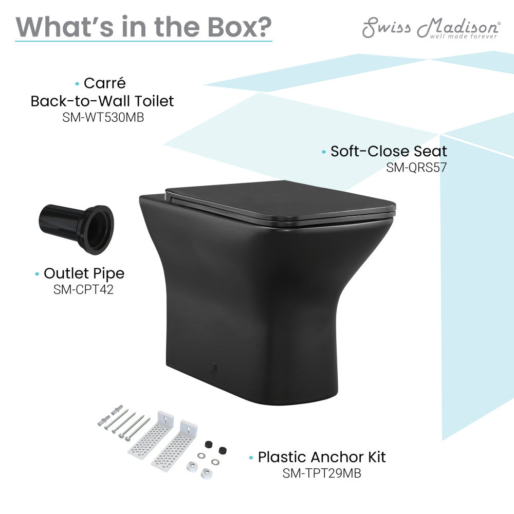 Elongated back-to-wall toilet in matte black with soft-close seat and compact skirted trapway design.