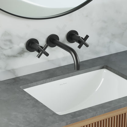 Widespread double cross-handle wall-mount bathroom faucet in matte black with curved spout.