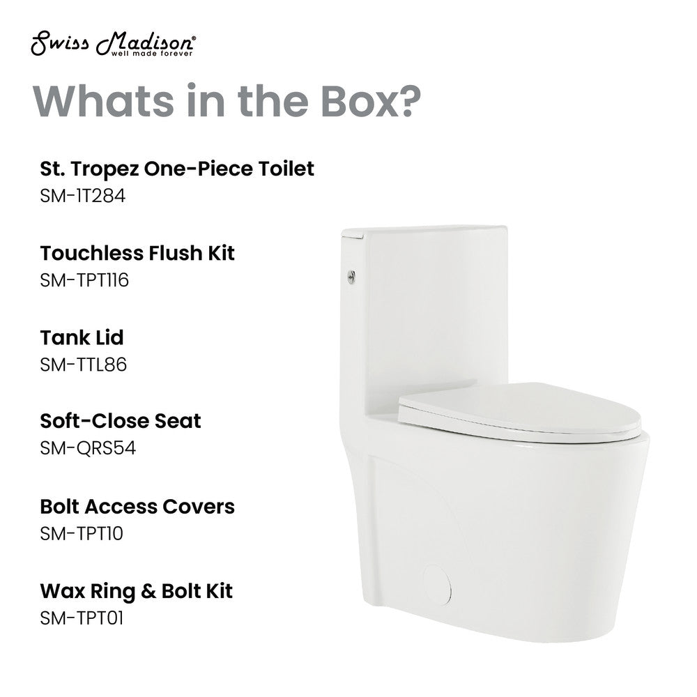 Elongated one-piece toilet with touchless flush and soft-close seat in white ceramic.