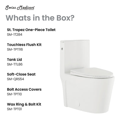 Elongated one-piece toilet with touchless flush and soft-close seat in white ceramic.